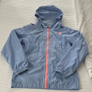 The North Face Kids Blue Hooded Rain Jacket with Pink Zipper, size large 14/16